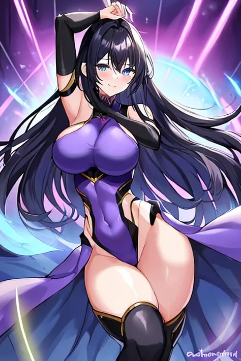 1girl, black hair, large breasts, breasts, thick thighs, wide hips, blue eyes, bodysuit, black bodysuit, long hair, light smile, happy, science-fiction, tech, futuristic, purple clothes, machinery, anime style, 2d, anime screencap, leotard, thigh strap, ar...