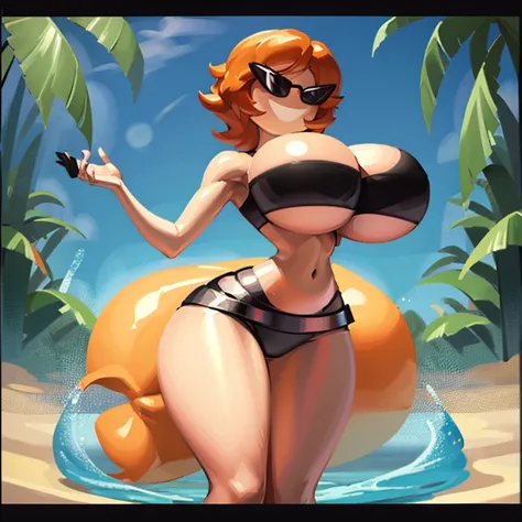 1girl, solo, sunnymiamitf, huge breasts, narrow waist, wide hips, Sunglasses, teeth, straight hair, short hair, orange hair, black strapless bikini, tube top, g-string, beach