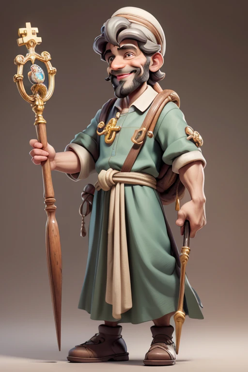 masterpiece, best quality, detailed face, a cartoon of St Joseph smiling, holding a crosier, (((full body))).