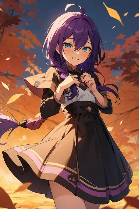 long hair, mole under mouth, purple hair, single braid, hair between eyes, aqua eyes, sharp teeth, ahoge, 1girl, blush, smile, cowboy shot, autumn, leaves, scenery, beautiful, dress