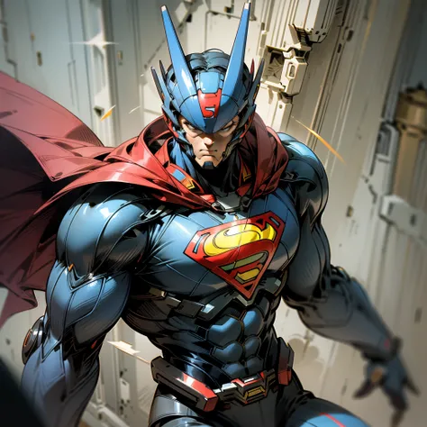 Produce a top-quality image filled with advanced detail and cinematic style, depicting a Superman in the iconic outfit, but in a variation where the traditional blue and red colors have been replaced with shades of white and blue while retaining the distin...