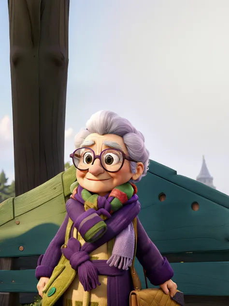 masterpiece, best quality, an old woman with glasses and a scarf on, wearing a purple coat and green scarf, standing at the park