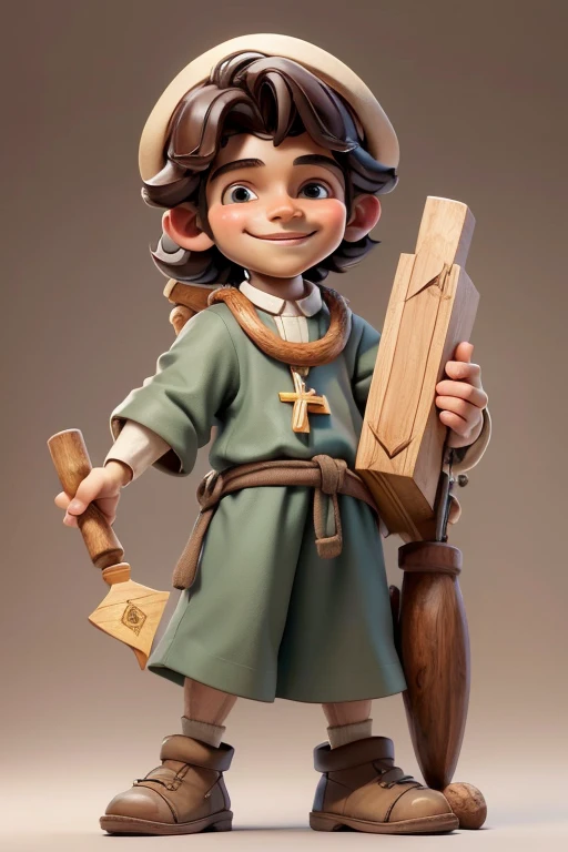 masterpiece, best quality, detailed face, a cartoon of young Saint Joseph smiling, wearing a jewish tunic, holding a simple wood crosier, (((full body))).