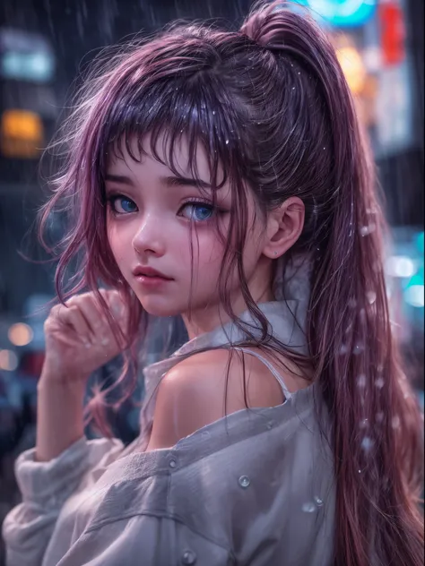 8k, RAW photo, best quality, masterpiece:1.2),(realistic, photo-realistic:1.37),Tokyo street,night, rain, wet,cityscape,night, cyberpunk city,soft light,1girl,, extremely beautiful face,bust,put down hands,Random hairstyle,Random hair color,Random expressi...