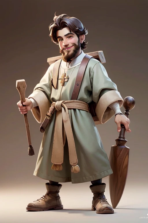 masterpiece, best quality, detailed face, a cartoon of a young Saint Joseph smiling, beard, wearing a jewish tunic, holding a simple wood crosier, (((full body))).