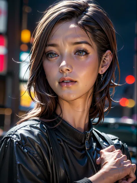 8k, RAW photo, best quality, masterpiece:1.2),(realistic, photo-realistic:1.37),Tokyo street,night, rain, wet,cityscape,night, cyberpunk city,soft light,1girl,, extremely beautiful face,bust,put down hands,Random hairstyle,Random hair color,Random expressi...