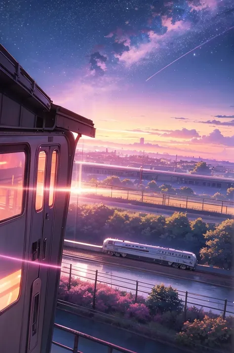 anime scene of a train passing under a pink and purple sky, an anime drawing by Makoto Shinkai, trending on pixiv, magical realism, beautiful anime scene, cosmic skies. by makoto shinkai, ( ( makoto shinkai ) ), by makoto shinkai, anime background art, sty...