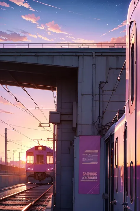 anime scene of a train passing under a pink and purple sky, an anime drawing by Makoto Shinkai, trending on pixiv, magical realism, beautiful anime scene, cosmic skies. by makoto shinkai, ( ( makoto shinkai ) ), by makoto shinkai, anime background art, sty...