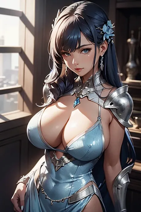 close up shot of a woman in a silver and blue dress, silver armor, large breasts, cleavage, chengwei pan on artstation, by Yang J, detailed fantasy art, stunning character art