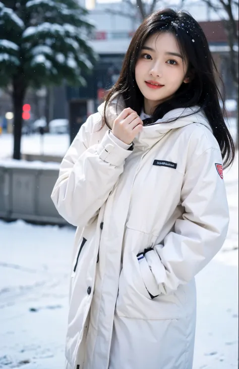 woman wearing white down jacket standing in the snow, White skin of the, 1 girl, Cute face,  high high quality，Best Picture Quality，Facing the audience，Slim figure，Proportional coordination，ssmile，23-year-old girl