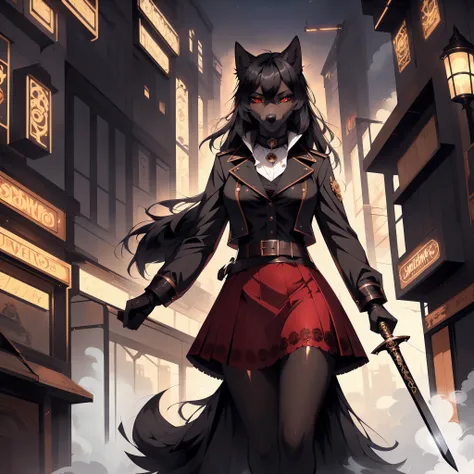 Solo:1.4, Natasha, black wolf, long black hair, red eyes, black wolf tail, wearing frilly steam punk jacket, steam punk skirt with belts, walking menacingly towards viewer, pov, holding a rapier in one hand, long straight rapier sword in hand, black gloves...