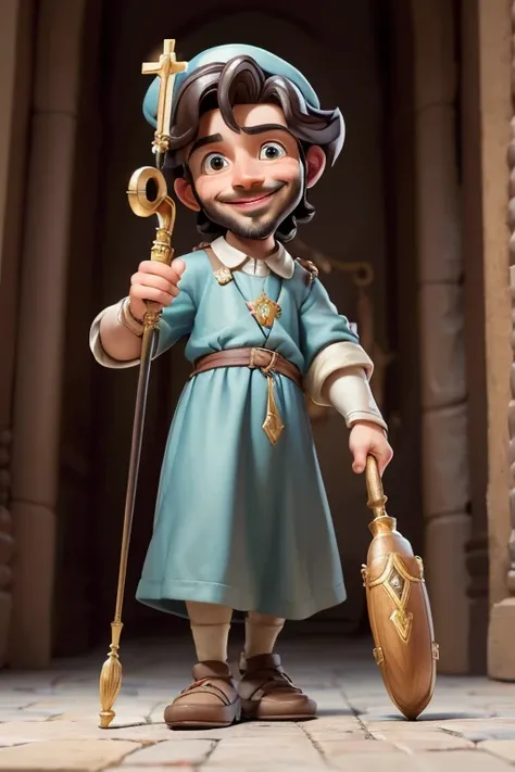 masterpiece, best quality, detailed face, a cartoon of young Saint Joseph smiling, wearing a jewish tunic, holding a walking cane, (((full body))).