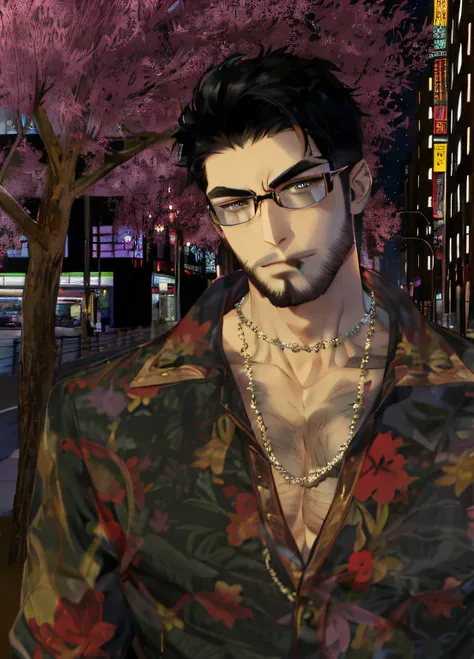 (absurdress, hight resolution, overdetalization, realistness, ), 1 male, 独奏, grown up, Mature, tall muscular guy, wide shoulders, beutiful, extremely short hair, black  hair, black glasses, beard, angular jaw, thick neck, thick eyebrows, the night , A dark...