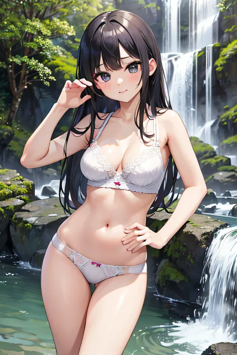 Realistic image、Trendy and sexy fashion、stylish、Unique hairstyles、idol、top-quality、​masterpiece、超A high resolution、(Photorealsitic:1.4)、Raw photo、(((sexy  pose)))、Background with（clear stream、Waterfall is flowing）、(((Underwear)))