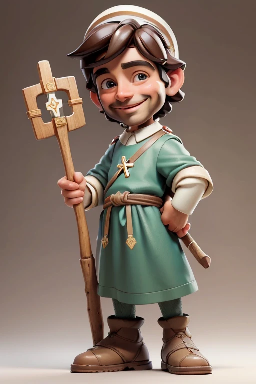 masterpiece, best quality, detailed face, a cartoon of young Saint Joseph smiling, wearing a jewish tunic, holding a simple walking stick, (((full body))).