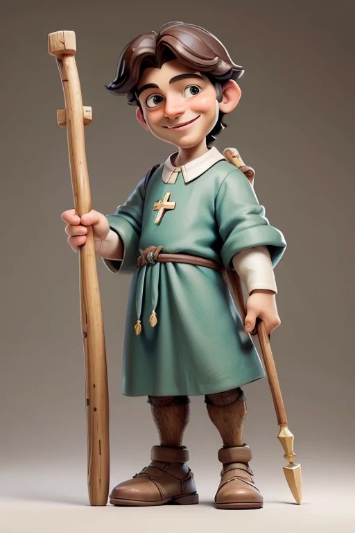 masterpiece, best quality, detailed face, a cartoon of young Saint Joseph smiling, wearing a jewish tunic, holding a simple walking stick, (((full body))).