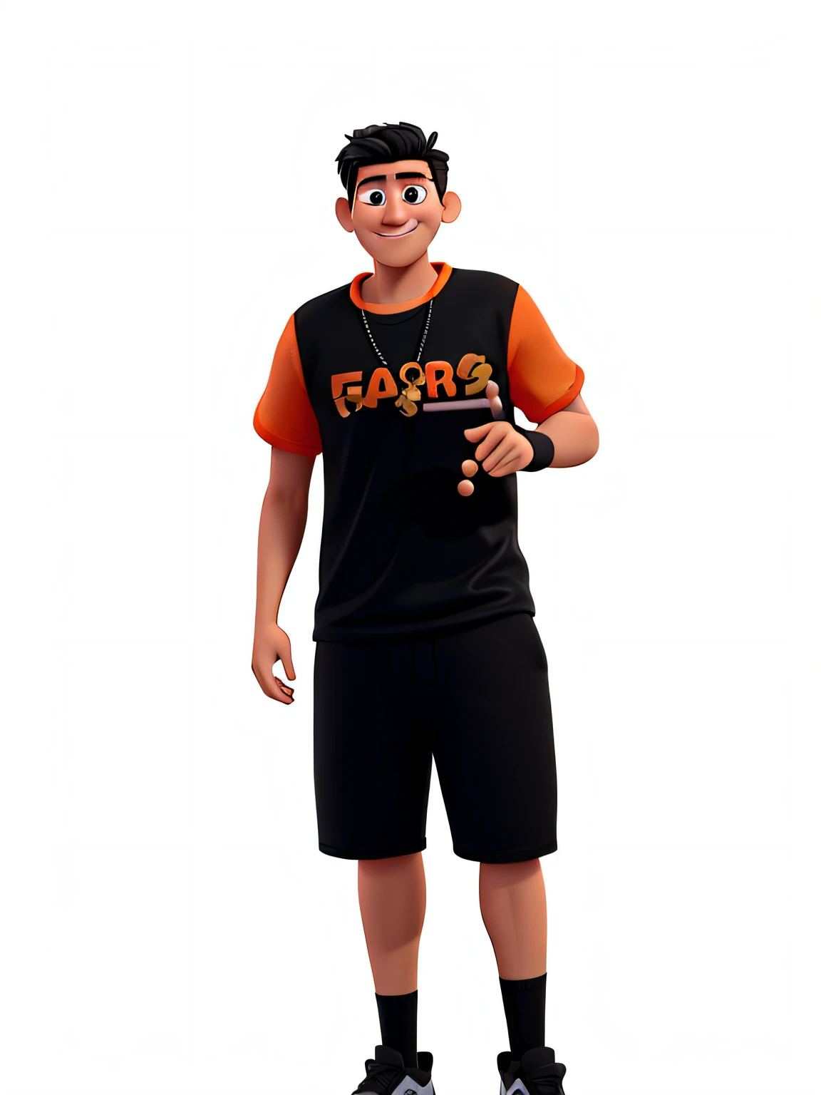 A pixar-style 3d short man, with fair skin, with a black t-shirt and orange sleeves, sneakers and black socks, making a hang lose sign with his left hand, smiling