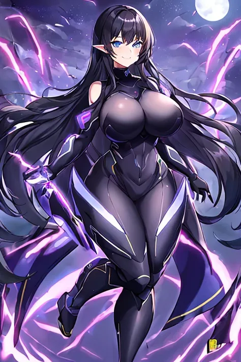 1girl, black hair, large breasts, breasts, thick thighs, wide hips, blue eyes, bodysuit, black bodysuit, long hair, light smile, science-fiction, tech, futuristic, purple clothes, machinery, anime style, anime screencap, leotard, full body, night, sky, moo...