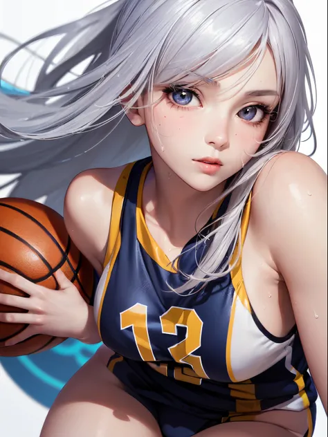 Best Quality, masutepiece,  High resolution, (Anime Heroine Illustration), Anime Paint, 1beautiful girl ,Dynamic Angle,Female basketball players ,Shoot the ball,small head,Large breasts,Smart body,nice legs, Glowing skin, Sweat,At the basketball venue ,(De...