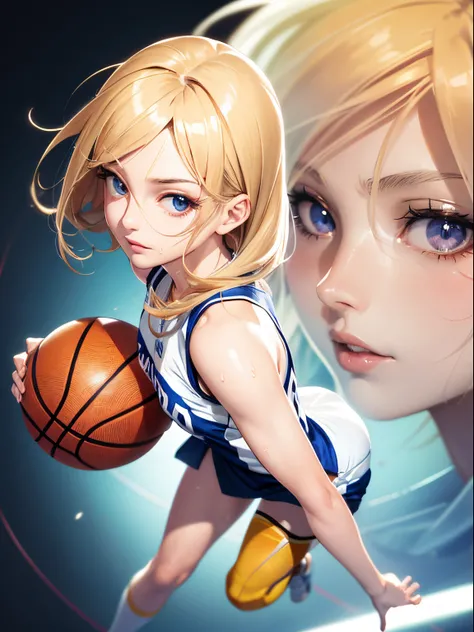 Best Quality, masutepiece,  High resolution, (Anime Heroine Illustration), Anime Paint, 1beautiful girl ,Dynamic Angle,Female basketball players ,Shoot the ball,small head,Large breasts,Smart body,nice legs, Glowing skin, Sweat,At the basketball venue ,(De...