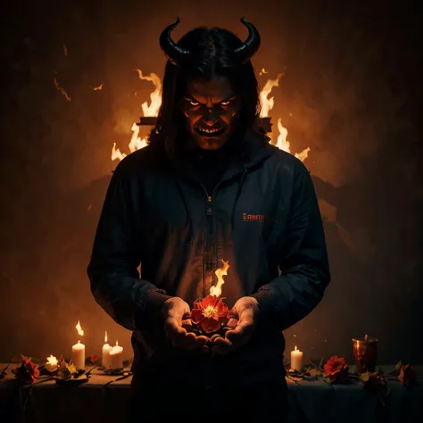 a man with a demon face holding flowers with flames in his hands, in the style of dark cyan and red, illustrative realism, gamercore, mysterious backdrops, 32k uhd, ferrania p30, vibrant realism