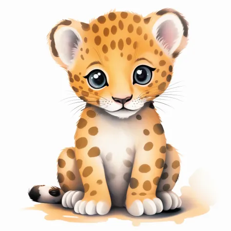 There is a painting of a baby female jaguar, she is sitting, wearing a pink bow around her neck, orelhas cor-de-rosa, cute illustration, Kawai, vetor, circunstanciado, beautiful illustration