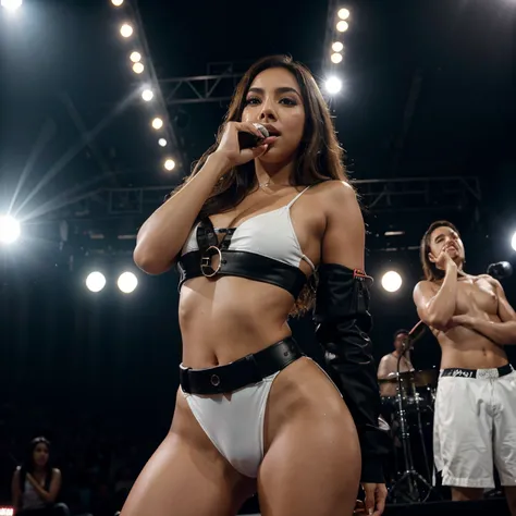 singer Anitta dancing sensually, em frente a um microfone, em cima de um palco. mais proximo do real possivel