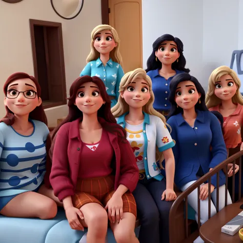 sete mulheres, estilo disney pixar, alta qualidade, melhor qualidade