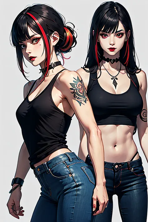 Concept art, detailed sketch, sketch drawing, manga art style, colorful, bright colors, Vampire Eliza from Tekken, hair tied with long bangs with red highlights, in a tank top with tight jeans, wine red eyes, captivating look, vampiric fangs , rock makeup ...