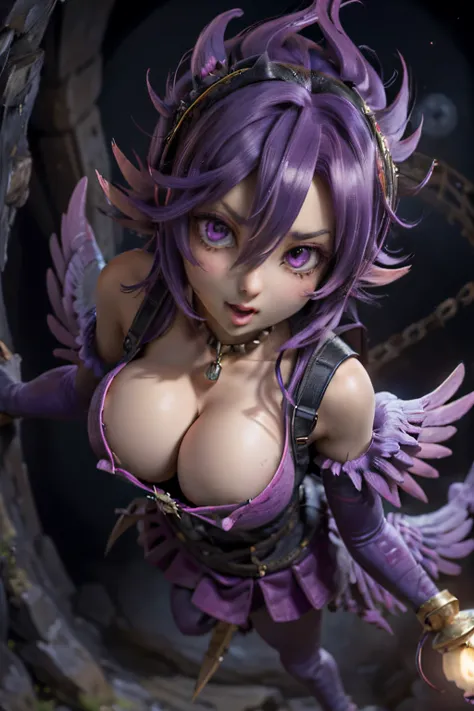 (masutepiece:1.3),(Best Quality:1.2),8K,absurderes,Unity 8K Wall Papper,(Extremely detailed:1.3),highest grade,Solo Focus, 
1girl in, Harpy、big eye、kawaii eyes、a purple eye、Colossal tits、cleavage of the breast、Looking at Viewer,Falling_Inserting a into the...