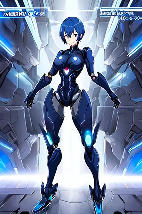 1girl, blue hair, breasts, black bodysuit, short hair, very short hair, light smile, science-fiction, tech, futuristic, machinery, anime style, anime screencap, leotard, full body, standing, robot, robot girl, dark blue hair,