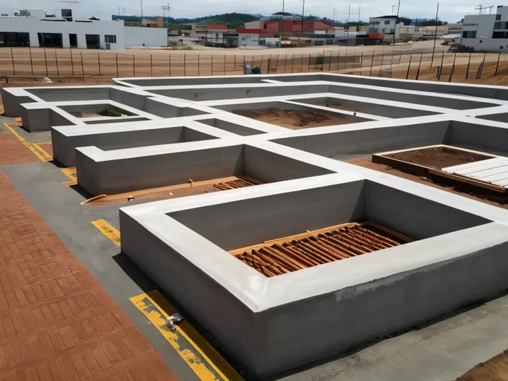 there is a construction site with many concrete blocks, flawless structure, estrutura da parede, pilares de concreto, foundation, Smooth solid concrete, Solid concrete, concreto, paredes de concreto, Rough concrete walls, concreto molhado, engenheiro civil...