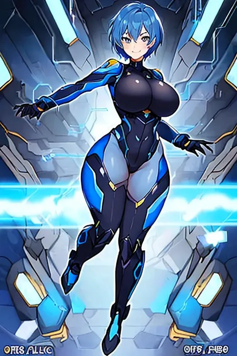 1girl, blue hair, breasts, black bodysuit, short hair, very short hair, light smile, science-fiction, tech, futuristic, machinery, anime style, anime screencap, leotard, full body, standing, bodysuit, thick thighs