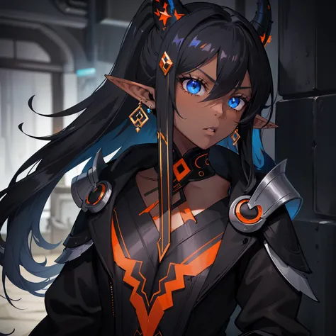 1girl , (((Dark Skin)))), Black Hair with Ponytail, (((Blue Eyes))), ((Black Metallic Gauntlets and Greaves with Orange and Silver Highlights)), (((The Clothes Have a Mix of Modern and Tribal))), (((The Clothes Have a Mix of Modern and Tribal))),  having m...