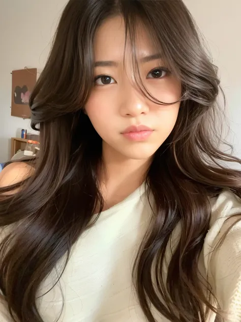 Arafed Asian woman with long brown hair and a white shirt, Ulzzang, linda mulher coreana jovem, menina coreana, mulher coreana jovem bonita, Mulher sul-coreana bonita, young adorable korean face, cabelo longo castanho com franja, Jinyoung Canela, Jaeyeon N...