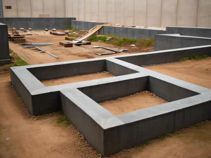 there is a construction site with many concrete blocks, flawless structure, estrutura da parede, pilares de concreto, foundation, Smooth solid concrete, Solid concrete, concreto, paredes de concreto, Rough concrete walls, concreto molhado, engenheiro civil...