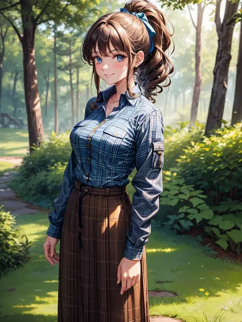 1girl, solo, full body, forest, greenish brown hair, curly hair, ponytail, large breasts, button down, ((opened brown zipper jacket)), dark blue eyes, ((blue shirt)), ((checked shirt)), ((unbuttoned shirt)), ((long skirt)), smile, looking at the viewer, st...