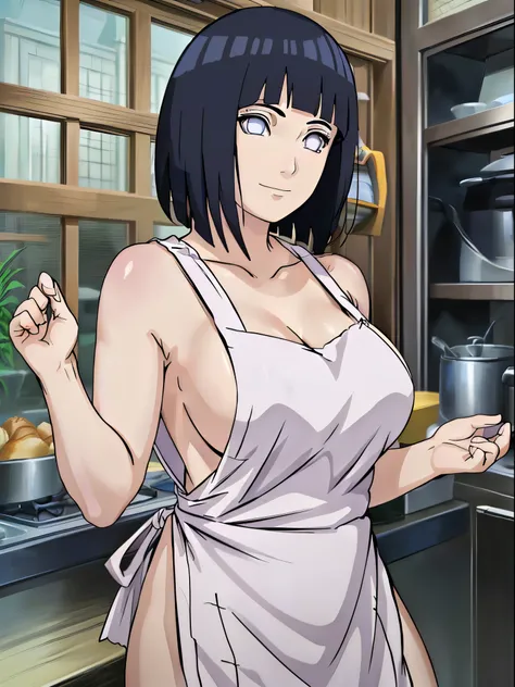 naked wearing white  apron only,, ((thick arm, little biceps)), little biceps, flexing arm muscles , anime style, cute , beautiful , nice body, soft body, (hinata(boruto),  (slender body, big breasts), mature woman , broad shoulders, off-shoulders, (naked ...