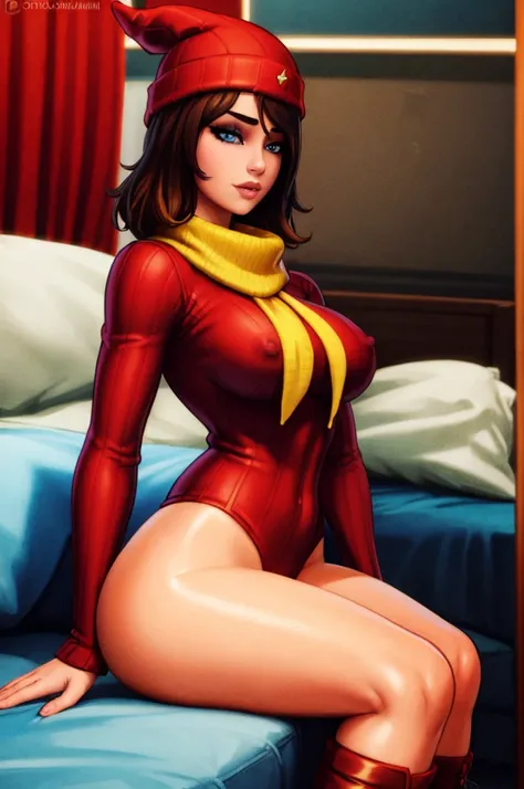 (4k, best quality, masterpiece:1.2), (realistic, photo-realistic:1.37), ultra-detailed, 1 girl,cute, solo, big breasts,beautiful detailed eyes, sitting in bedroom , sexy, nsfw, , skinny, red beanie, brown hair, short hair, blue eyes, , futa, flaccid , fema...