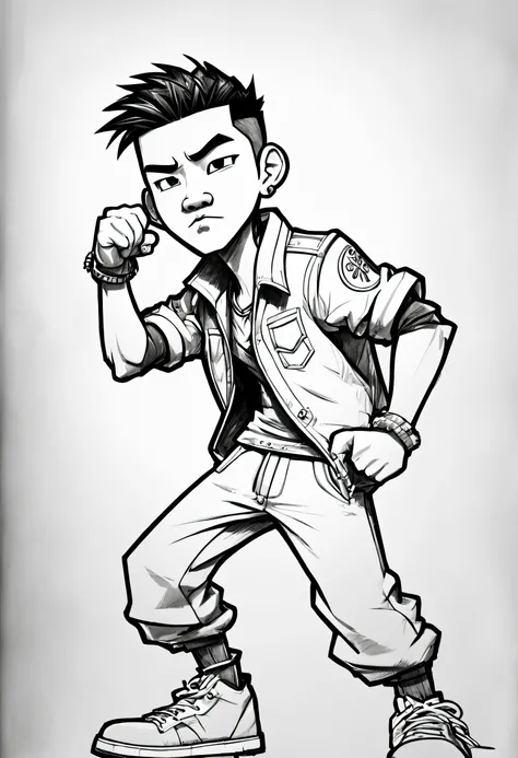 black and white highly detailed cartoon sketch of cartoony chinese thug teen boy, cool style, cartoon character sketch, conceptual art sketch, concept art sketch, pencil sketch, traditional sketch, graphite pencil sketch, 5H graphite shadows, 8B graphite l...