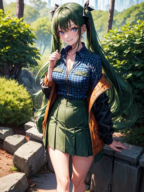 1girl, solo, full body, forest, ((dark green hair)), twintail, large breasts, button down, ((opened brown zipper jacket)), dark blue eyes, ((blue shirt)), ((checked shirt)), ((unbuttoned shirt)), ((long skirt)), smile, looking at the viewer, standing, hair...