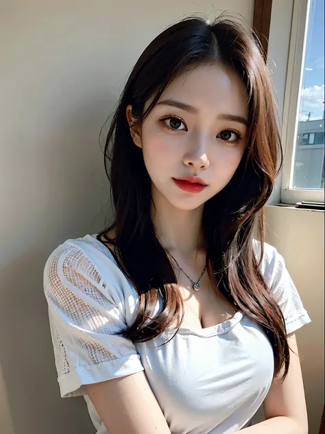 (Best Quality,4k,8K,high resolucion,Masterpiece:1.2),(realisitic,Photorealistic,Realistis:1.37),Dark window scene,Korean,19 years old,White lace pajamas,Sitting on the bed,Leaning against the wall,Long hair,White skin,beautiful big eyes,Cute appearance,Kor...