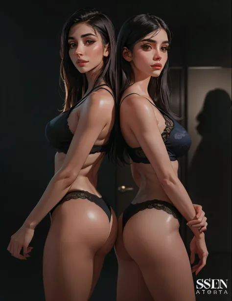 Two women in suits pose for a photo in a dark room, Cuerpo perfecto fotorrealista, Cuerpo perfecto sombreado realista, Imagen ultra realista, hermoso cuerpo y rostro detallados, CGsociety de cuerpo completo, deviantart artstation cgscosiety, Cuerpo complet...