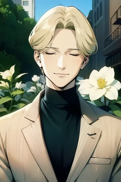 johan liebert, solo boy, wearing black sweather, angst, manipulator, smiling, eyes closed, face tilted