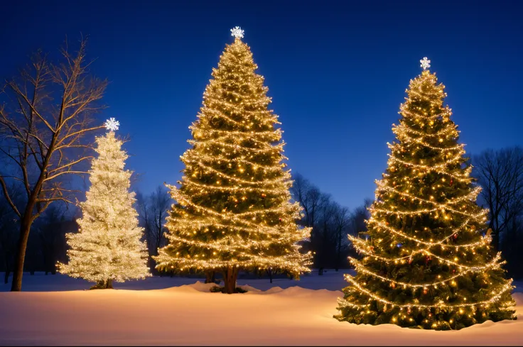 landscape, christmas tree, lights, photo, realistic, nature, snow