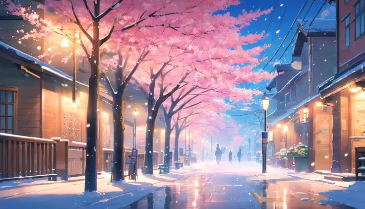 （best qualtiy：1.2），A vibrant street covered in snow，a beautiful cherry blossom tree，falling snow, lit lamp post