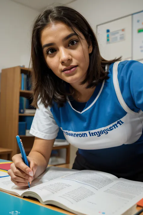 Um grupo animado de alunos em uma sala de aula moderna, interagindo com dispositivos digitais, the teacher leading a lively discussion, tons de azul e branco predominantes, fotografia realista, DSLR camera with 50mm lens