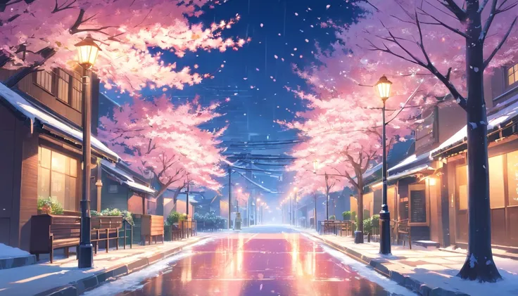 A vibrant street covered in snow，a beautiful cherry blossom tree，falling snow, lit lamp post, no people