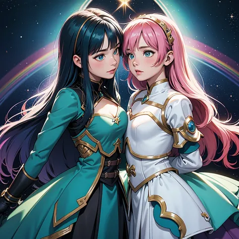 Women with rainbow-colored hair and detailed teal dress armor, stehend, regenbogenfarbener kosmischer Nebelhintergrund, Sterne, galaxien, Komplizierte Details, Perfektes Gesicht