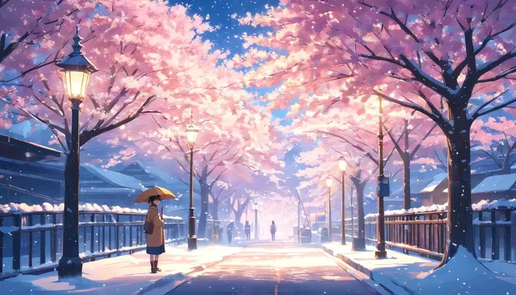 a beautiful cherry blossom tree covered in snow, falling snow, lit lamp post, no people